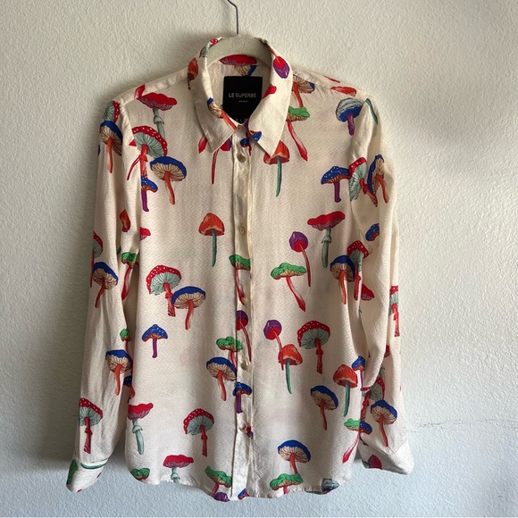 Le Superbe for Anthro Micro Magic Ex-Boyfriend Shirt Ivory Mushroom Print  8 NWT - Picture 8 of 16